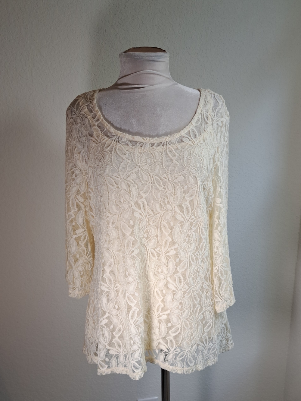 Style & Co Women's Cream Lace Scoop Neck Top Camisole 3/4 Flared Sleeve Large